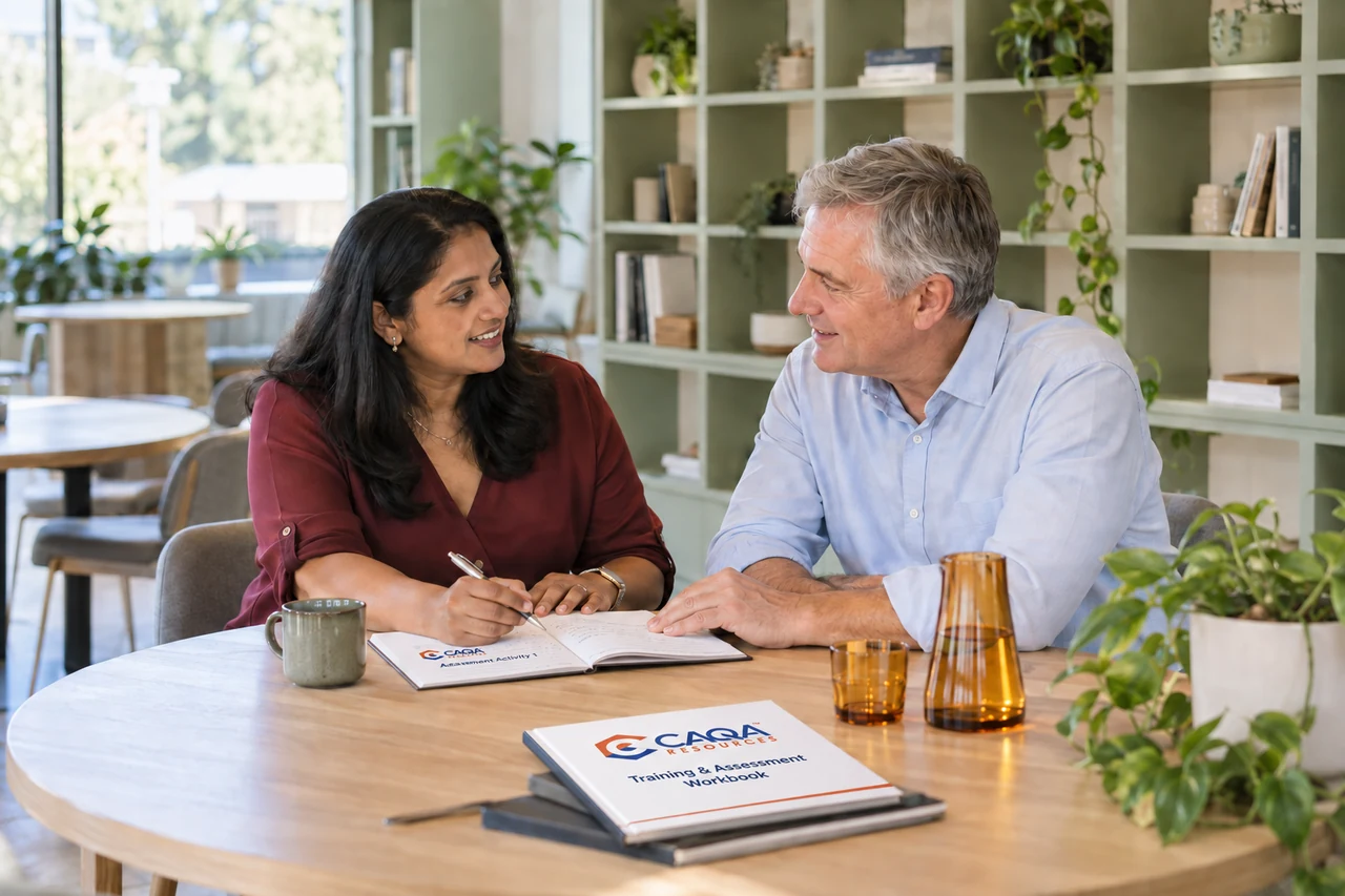 Two professionals discuss training and assessment using CAQA learning materials.
